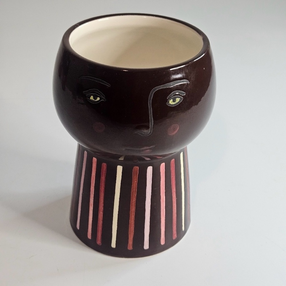 Super Cute Dark Brown Face Planter with Pink and Cream Accents.